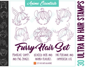 Procreate Hair Stamps: Furry Anthro Hairstyles, Neko Ears (Brushset & PNG)