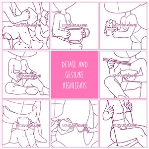 May include: A digital illustration of nine different poses of a person sitting down. Each pose shows a different hand gesture, such as holding a cup, using chopsticks, or playing a video game. The text "DETAIL AND GESTURE HIGHLIGHTS" is written in the center of the image.