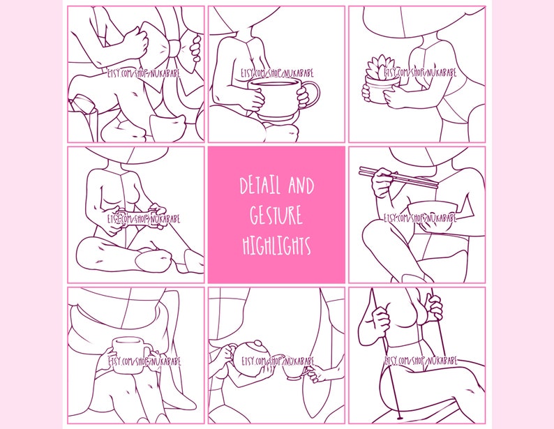 May include: A digital illustration of nine different poses of a person sitting down. Each pose shows a different hand gesture, such as holding a cup, using chopsticks, or playing a video game. The text "DETAIL AND GESTURE HIGHLIGHTS" is written in the center of the image.