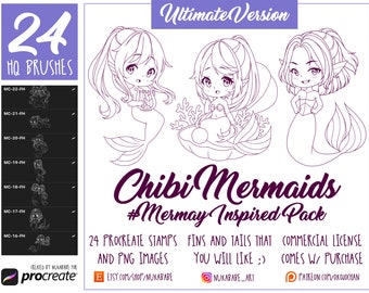Procreate Mermaid Brushes: Chibi Figure Stamps, PNG Images