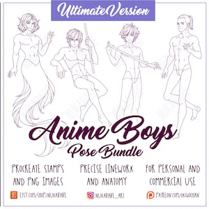 30 Procreate Brushes Anime, Male Body Poses, Drawing References, Figure Stamps, Manga Eyes Procreate, Anime Hair, Body Poses