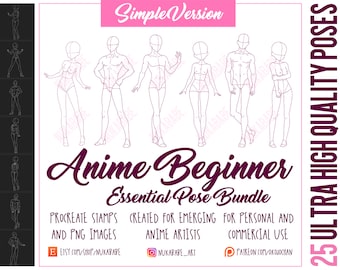 25 Anime Figure Stamps: Procreate Pose Brushes (PNG Included)