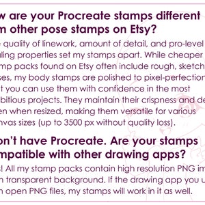 May include: Text explaining the difference between Procreate stamps and other pose stamps found on Etsy. The text highlights the high quality and detail of the Procreate stamps, emphasizing their pixel-perfect quality and scalability. It also mentions that the stamps are compatible with other drawing apps that support PNG files.