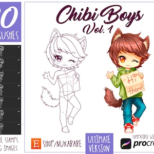 Chibi Brushes Procreate, Male Body, PNG Chibi Stamps, Chibi Brushes w/ Eyes, Figure Stamps w/ Hair, Anime Eyes, Portrait Guides, Anime Hair
