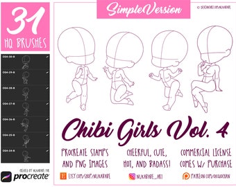 Procreate Chibi Poses: Female Figure Stamps Brushes (PNG)
