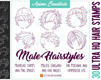 30 Procreate Male Hair Stamps, Hair Brush Procreate, Anime Hair, Manga Hair, Chibi Hair, Hairstyles Brushes Stamp, Digital Brushes Stamps