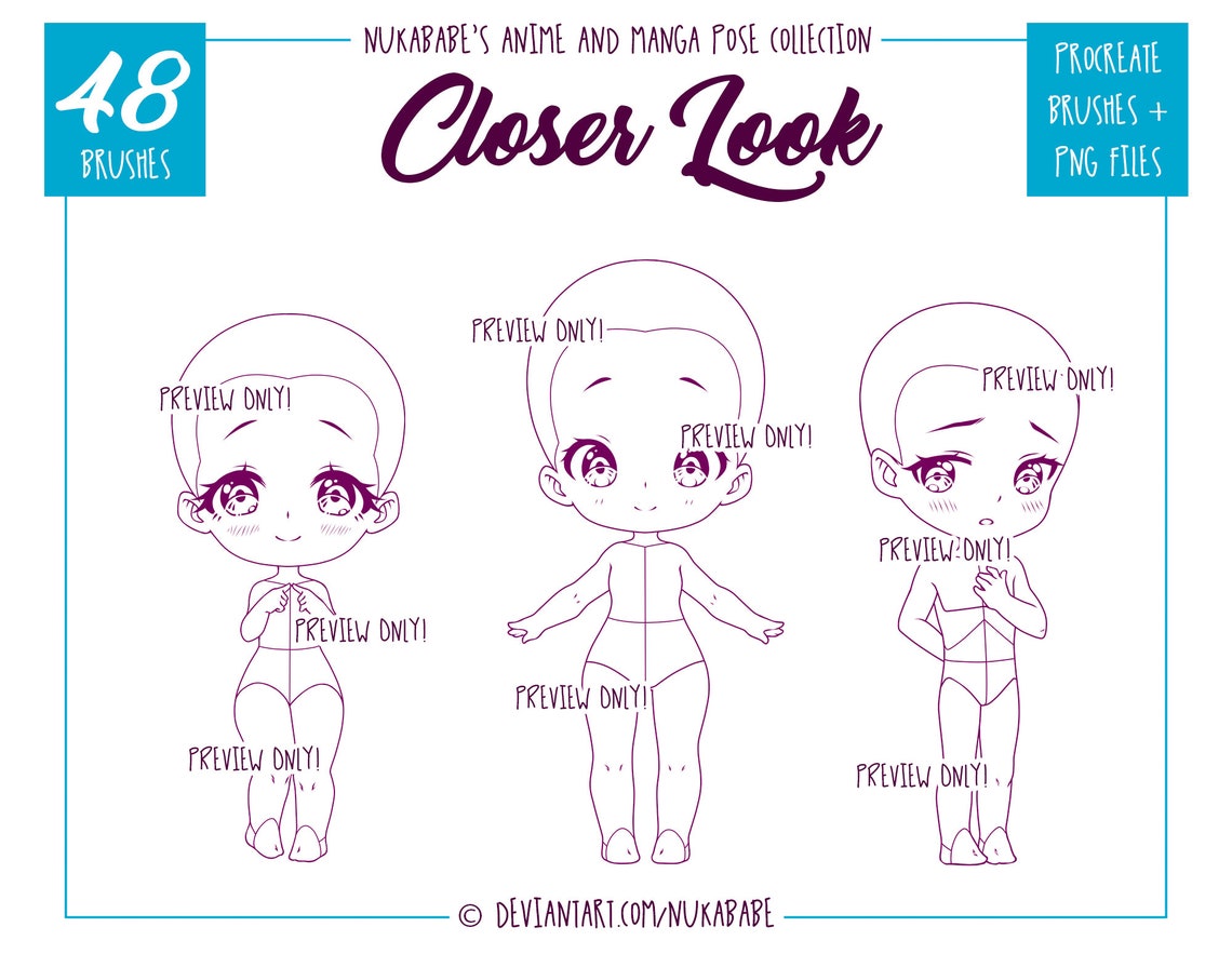 48 Chibi Poses Stamps for Procreate: Drawing Guide Brushes (extended ...
