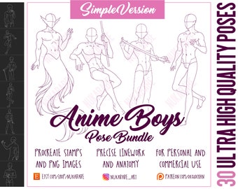 30 Male Figure Stamps: Anime & Cartoon Poses for Procreate (PNG)