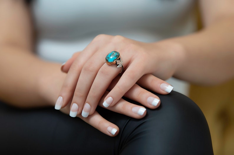 silver ring Precious stone authentic style, Turquoise handmade naturel stone Firuze