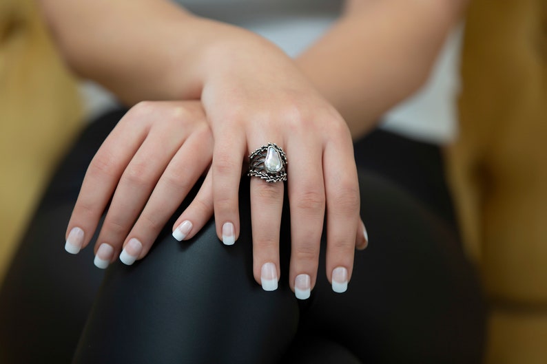 authentic style handmade mother of pearl Precious stone ring silver Unique naturel stone