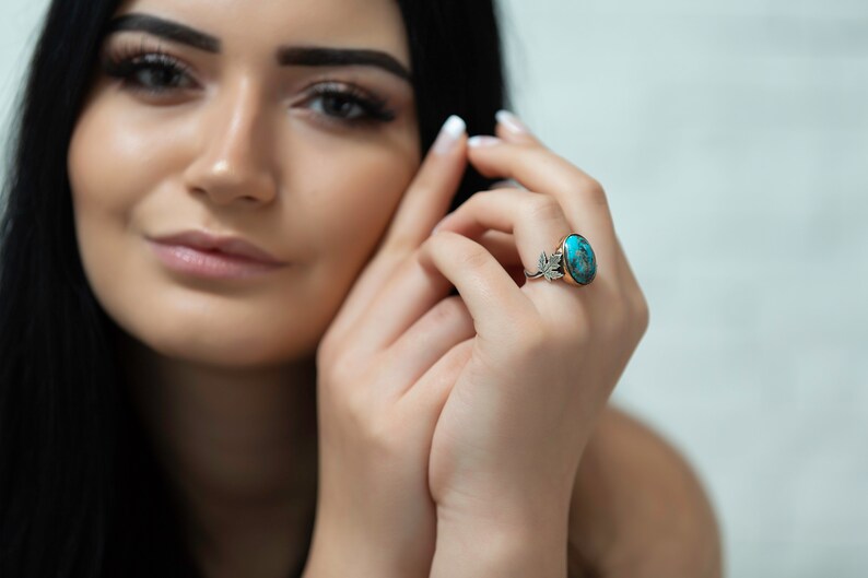 silver ring Precious stone authentic style, Turquoise handmade naturel stone Firuze
