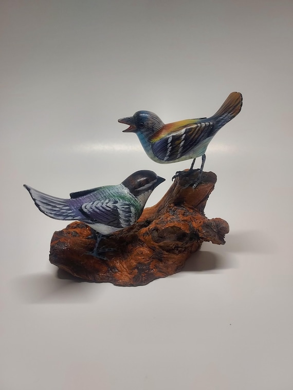 Carved wood painted Birds on wood stand