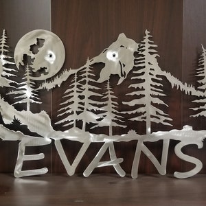 Customizable Last Name Mountain Sign, Welcome Sign, Moon, trees and mountain scene, Metal Wall Art, Last name wall art, address sign