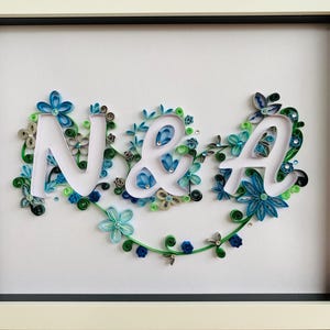 Carta regalo per il primo anniversario, matrimonio, cerimonia civile, arte 3D del quilling, fornita incorniciata, personalizzata, colori a tema matrimonio