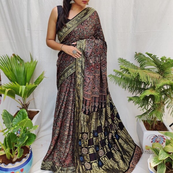 Polyester Viscose Silk Saree with Exclusive Ajrakh Print main image 1