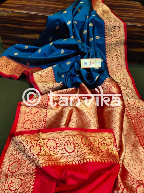 Banarasi Pure Katan Silk Sarees in Blue and Red SILKMARK Certified Traditional Indian Sari for Festive Wedding Bridal Party Etsy UK