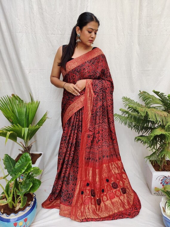 Ajrakh Designer Modal Silk Saree With 