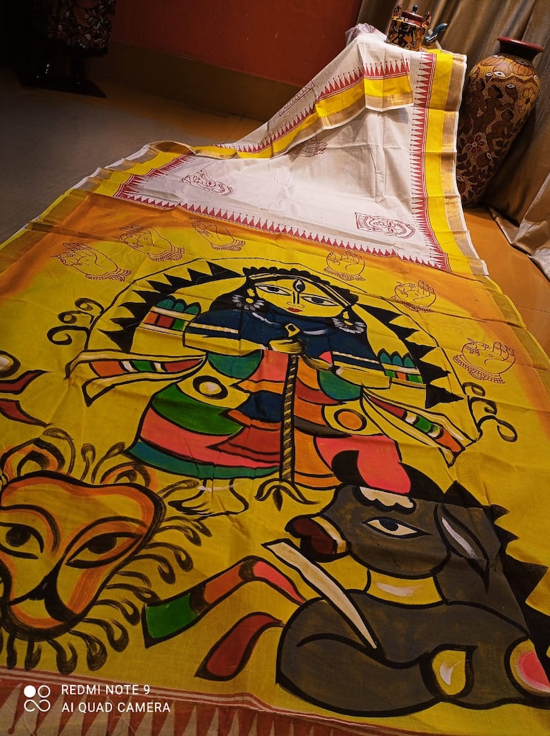 Hand painted Pure Kerala Cotton Saree featuring the divine power Goddess Durga
