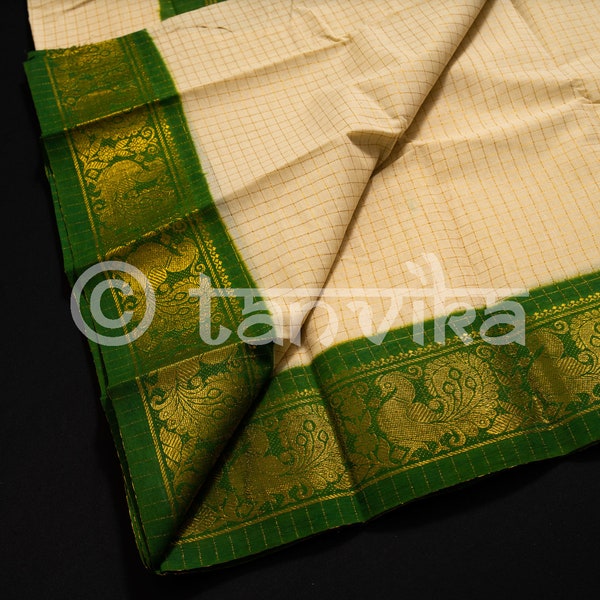 Saris en coton Madurai Sungudi à carreaux zari, bordure contrastante | Sari traditionnel indien en coton