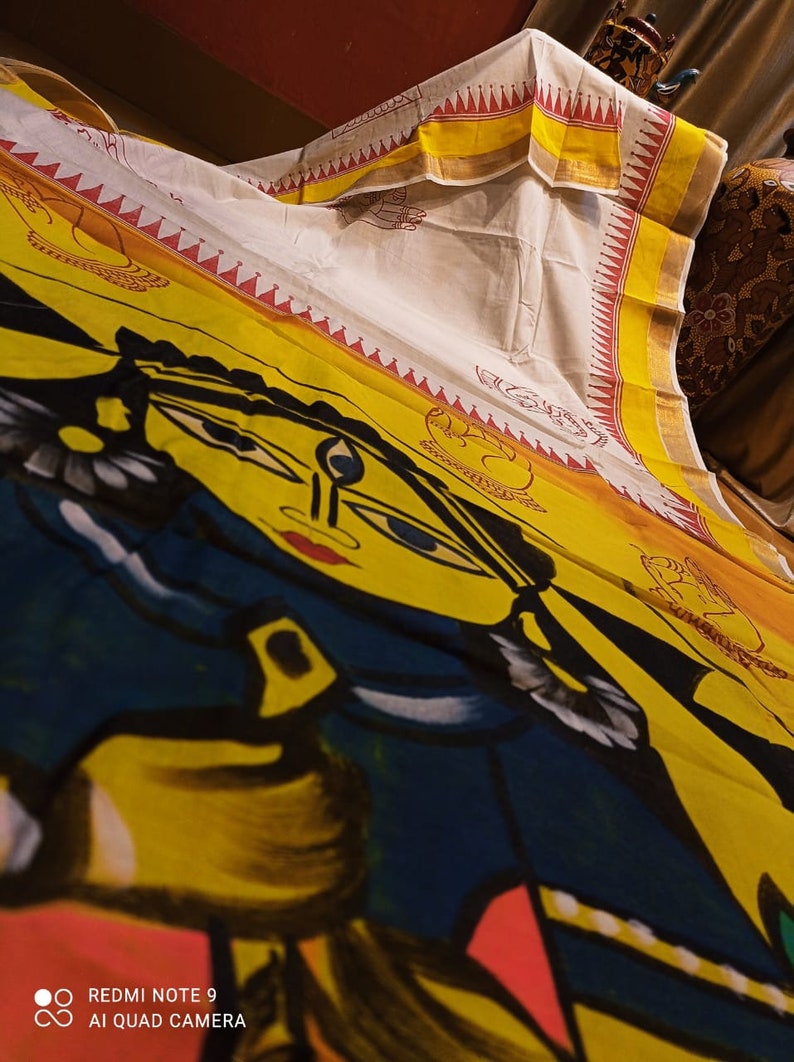 Hand painted Pure Kerala Cotton Saree featuring the divine power Goddess Durga