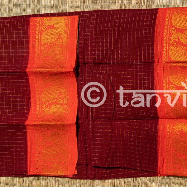 Saris Madurai Sungudi 100 % coton à carreaux zari, bordure contrastante | Sari traditionnel indien en coton