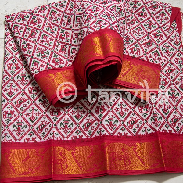 Saris 100 % coton Madurai Sungudi avec imprimés patola, bordure contrastée Ganga Jamuna | Sari traditionnel indien en coton