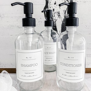 Labeled Soap Dispenser Bottles/Water Resistant Labels/ Refillable Dispenser for Shampoo, Conditioner and Body Wash