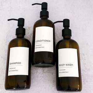 Refillable Shampoo/Conditioner/Body Wash Bottles/Amber Glass/ Soap Dispenser with Labels