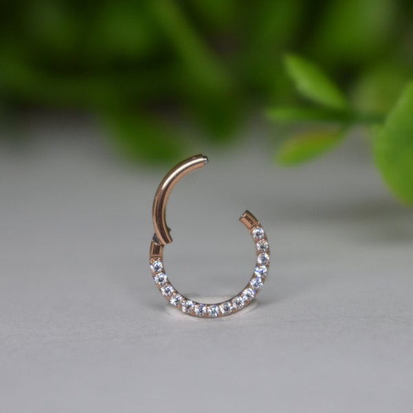 16ga 316L Surgical Steel All White Paved Cz Dainty Cute Small 8mm Septum Daith Ring Hinged Clicker Hoop