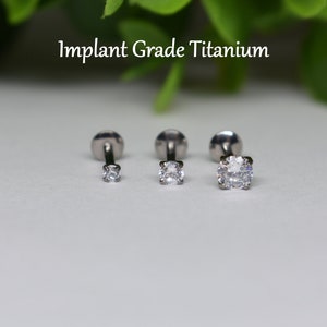 16ga IMPLANT GRADE TITANIUM 2mm 3mm 4mm White Cz Screw On Flat Back 6mm 8mm 10mm Labret Tragus Cartilage Piercing Ear Stud