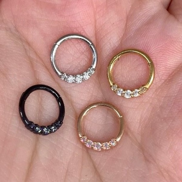 16ga 316L Surgical Steel Dainty 5 Gem CZ Steel Gold Rose Gold Black 8mm 10mm Septum Daith Ring Hinged Clicker Hoop