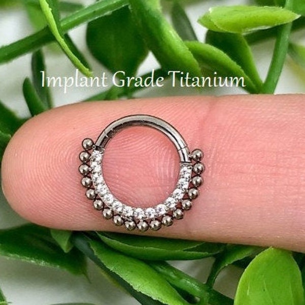 Implant Grade Titanium Hinged Beaded White CZ Tribal Boho Septum Ring Piercing