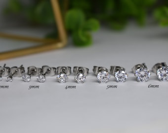 Pair of 316L SURGICAL STEEL  2mm 3mm 4mm 5mm 6mm 7mm 8mm 9mm 10mm White Prong Cz Gem Stone Hypoallergenic Earrings Studs