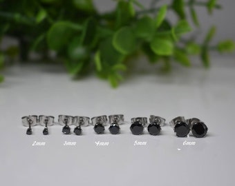 Pair of 316L SURGICAL STEEL 2mm 3mm 4mm 5mm 6mm Black Prong Cz Gem Stone Earrings Studs