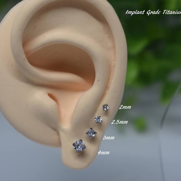 Pair of IMPLANT GRADE TITANIUM 2mm 3mm 4mm 5mm 6mm White Prong Cz Gem Stone Earrings Studs