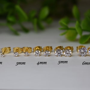 Pair of 316L SURGICAL STEEL Gold PVD  2mm 3mm 4mm 5mm 6mm White Prong Cz Gem Stone Earrings Studs