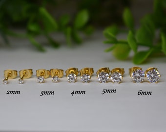 Pair of 316L SURGICAL STEEL Gold PVD  2mm 3mm 4mm 5mm 6mm White Prong Cz Gem Stone Earrings Studs