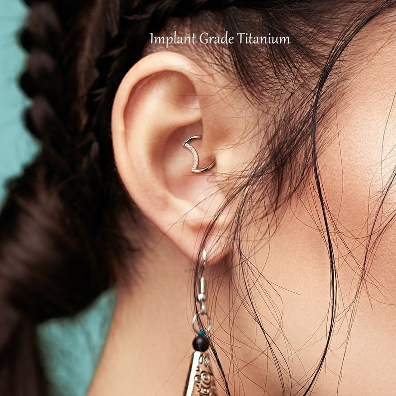 Implant Grade Titanium Moon Daith Ear Piercing Hinged Clicker Hoop Segment Ring with White CZ Gems 