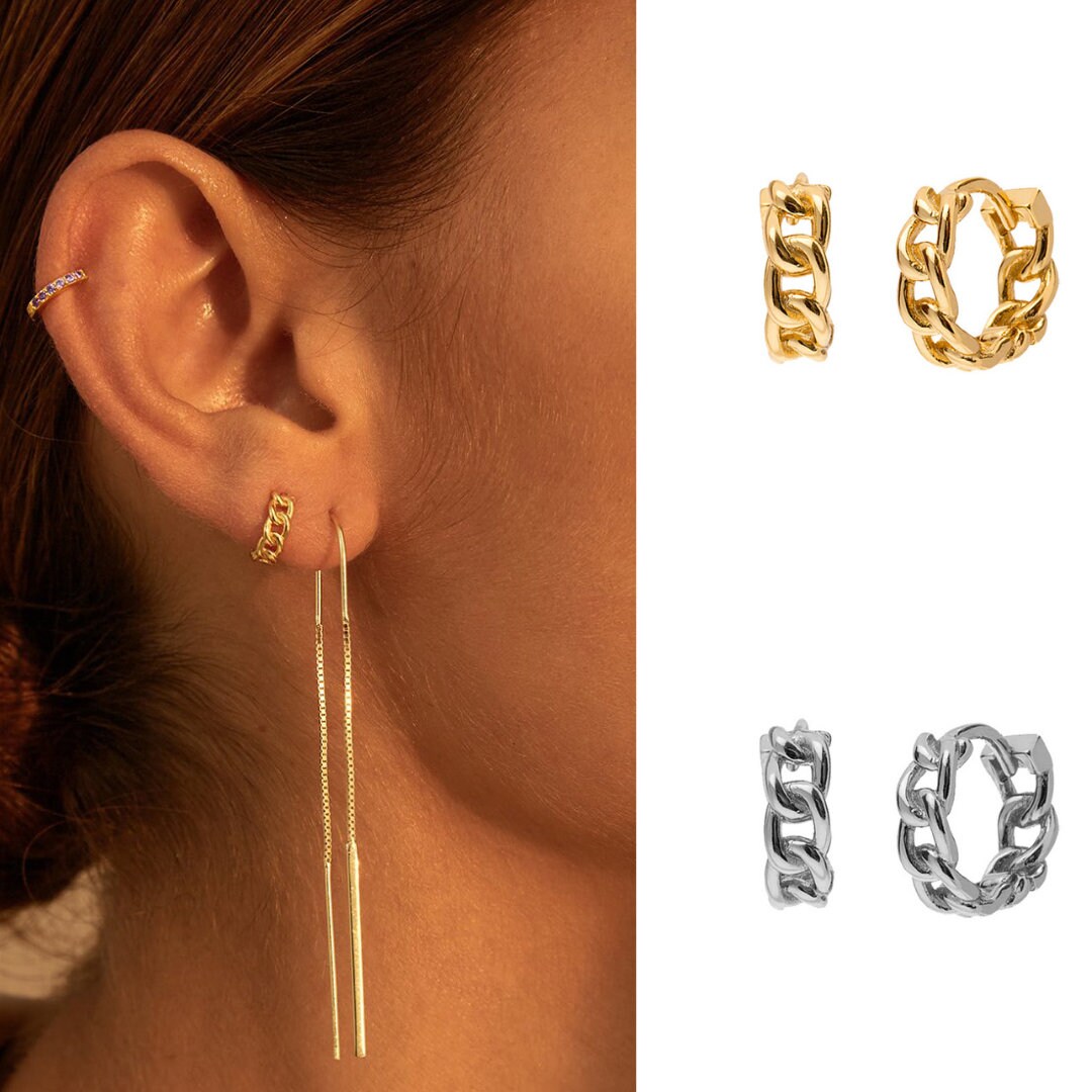 Chain Link Hoop Earrings 925 Sterling Silver Minimal Chain Link Hinged