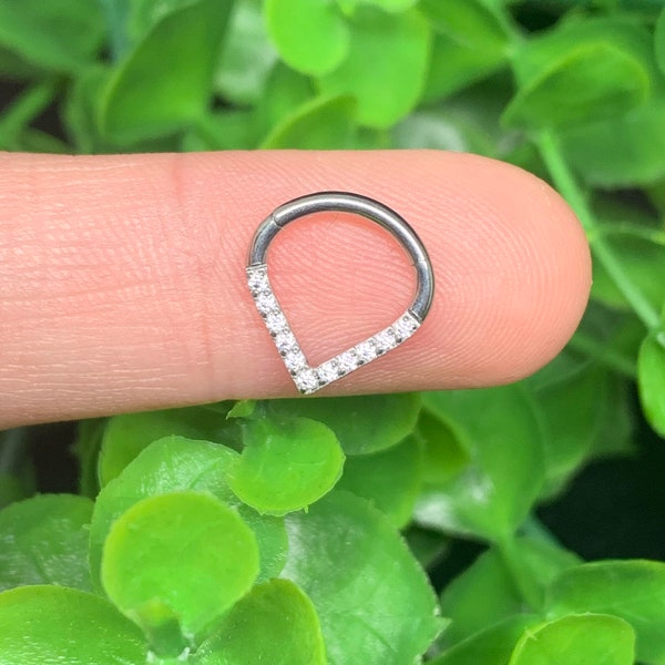 Implant Grade Titanium V Shaped 16ga Septum Ring Clicker Hinged Hoop White CZ Gems