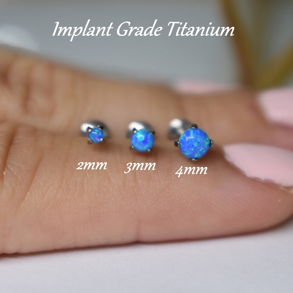 IMPLANT GRADE TITANIUM Internally Threaded 2mm 3mm 4mm Blue Opal Stone Screw On Flat Back 6mm 8mm Labret Tragus Cartilage Piercing Ear Stud