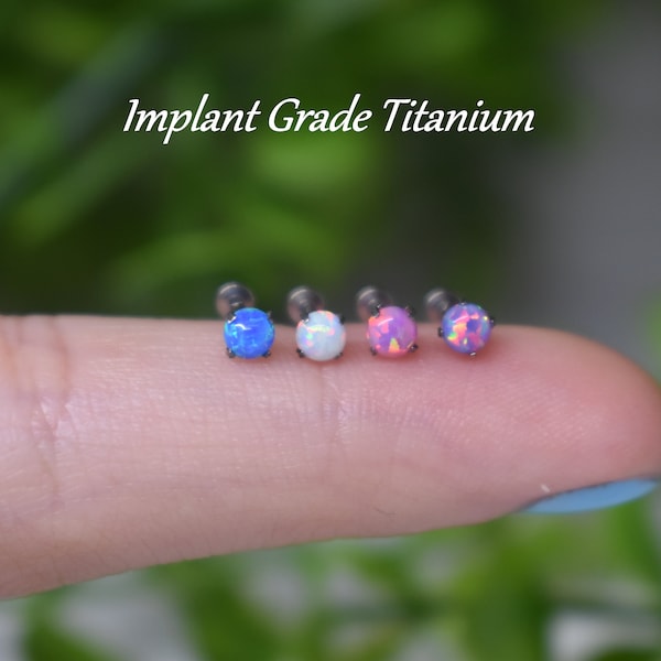 IMPLANT GRADE TITANIUM Threadless Push In 2mm 3mm 4mm White Pink Blue Opal Stone Flat Back Labret Tragus Nose Cartilage Piercing Ear Stud