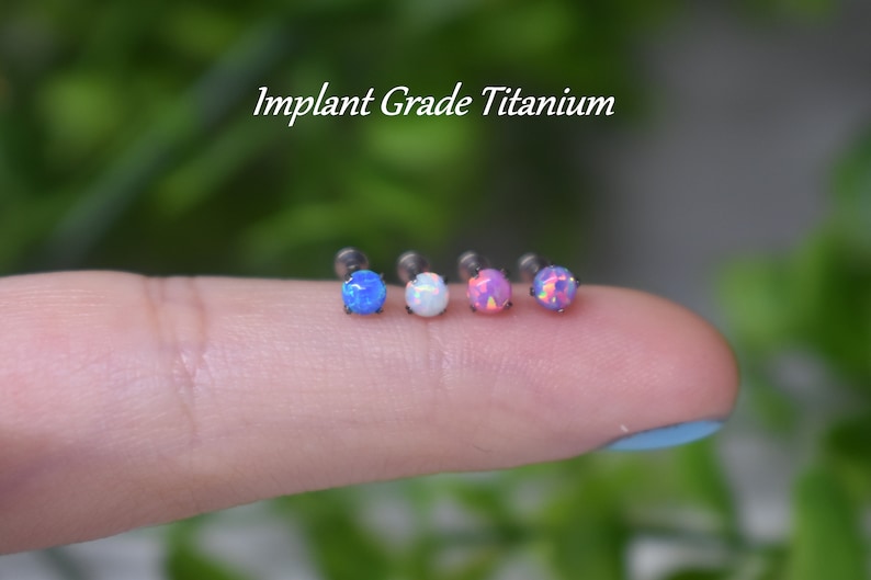 IMPLANT GRADE TITANIUM Threadless Push In 2mm 3mm 4mm White Pink Blue Opal Stone Flat Back Labret Tragus Nose Cartilage Piercing Ear Stud 