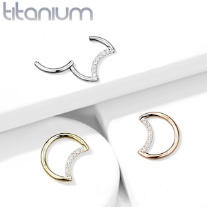 Implant Grade Titanium Moon Daith Ear Piercing Hinged Clicker Hoop Segment Ring with White CZ Gems image 2