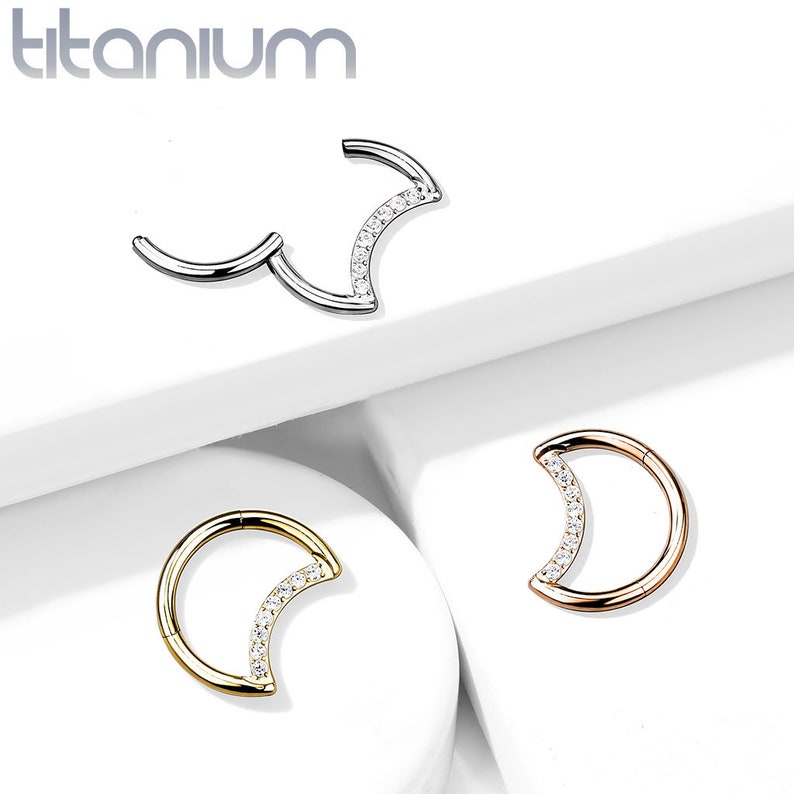 Implant Grade Titanium Moon Daith Ear Piercing Hinged Clicker Hoop Segment Ring with White CZ Gems image 2