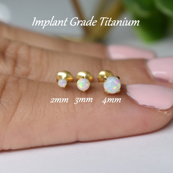 IMPLANT GRADE TITANIUM Gold Internally Threaded 2mm 3mm 4mm White Opal Stone Screw On Flat Back Labret Tragus Cartilage Piercing Ear Stud