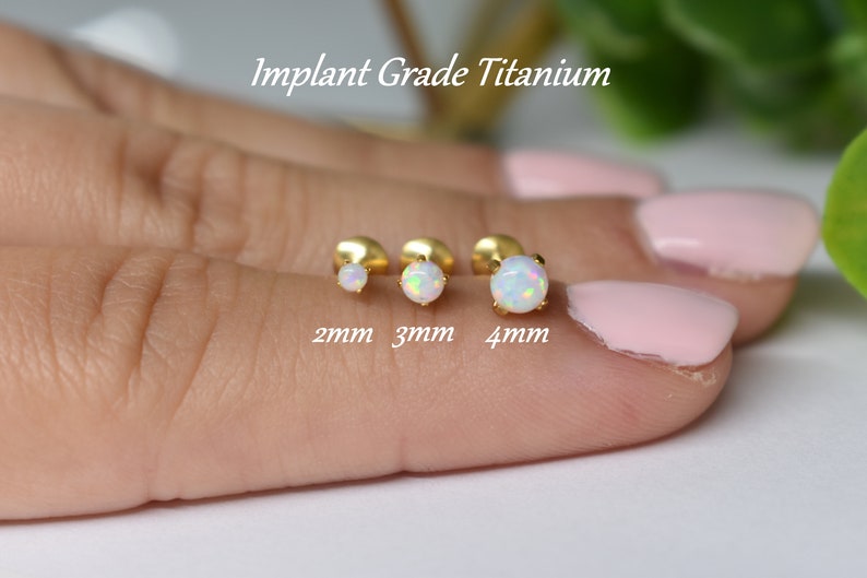 IMPLANT GRADE TITANIUM Gold Internally Threaded 2mm 3mm 4mm White Opal Stone Screw On Flat Back Labret Tragus Cartilage Piercing Ear Stud 