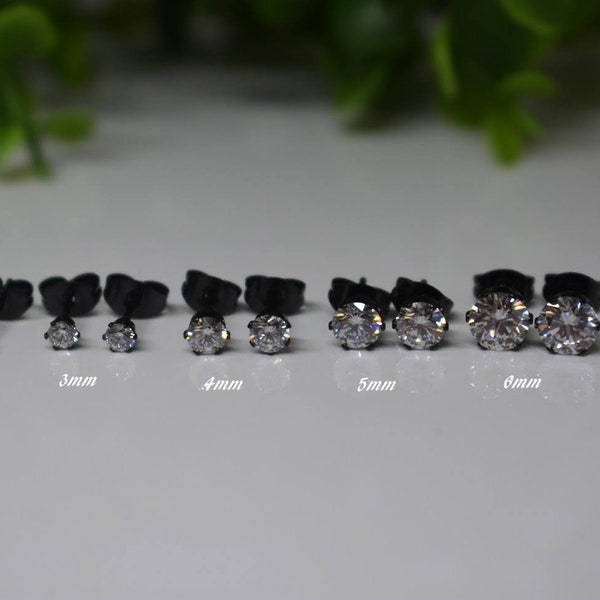 Pair of 316L SURGICAL STEEL Black PVD 2mm 3mm 4mm 5mm 6mm White Cz Gem Stone Earrings Studs