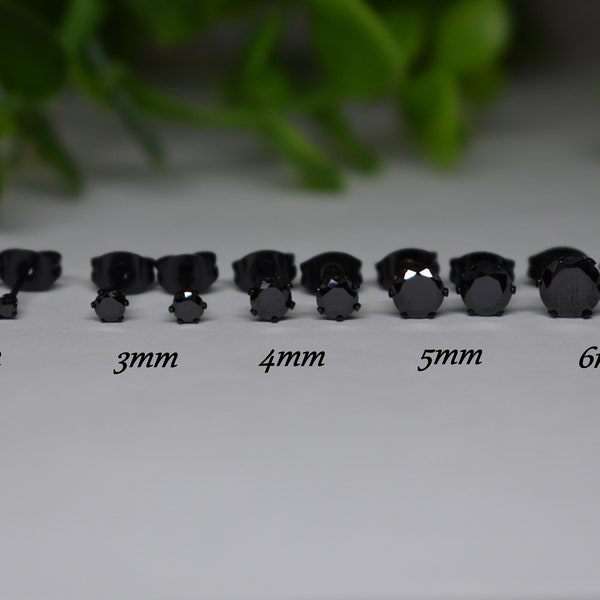 Pair of 316L SURGICAL STEEL Black PVD  2mm 3mm 4mm 5mm 6mm Black Prong Cz Gem Stone Earrings Studs