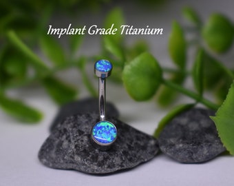 IMPLANT GRADE TITANIUM 14ga Internally Threaded Standard Simple Small Blue Opal Stone Double Gem Belly Button Navel Ring